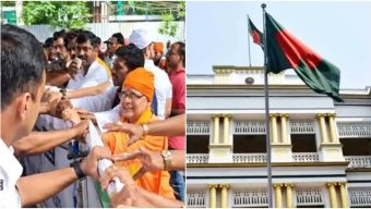 উত্তাল কলকাতার বাংলাদেশ মিশন, ব্যারিকেড ভেঙে ঢোকার চেষ্টা সন্ন্যাসীদের