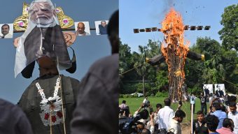 ভারতে রাবণের মুখে মোদির ছবি লাগিয়ে কুশপুত্তলিকা পোড়ালেন বিক্ষোভকারীরা